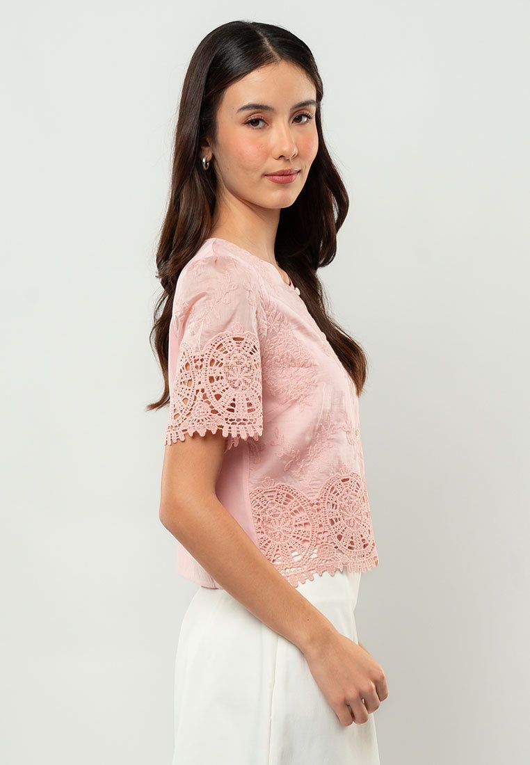 Giselle Lace-Appliqué Short-Sleeve Top