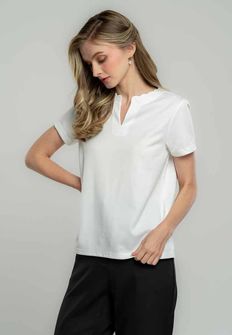 Elana Scallop-Edge Notch Neck Tee