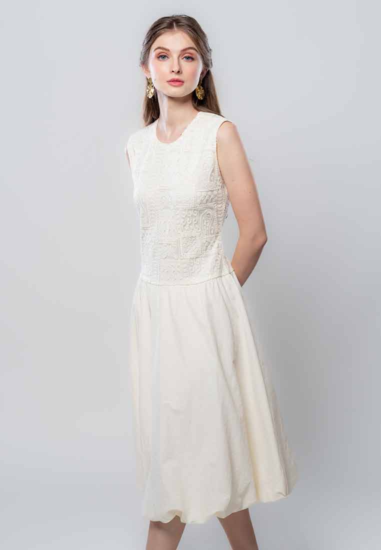 Vierra Soleil Sleeveless Lace Dress with Drop Waist Plain Bubble Skirt