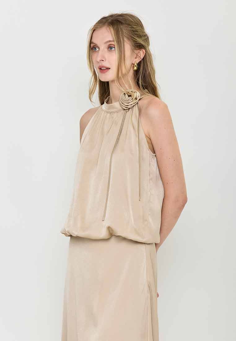 Maisy Haltered Satin Top with Flower Applique