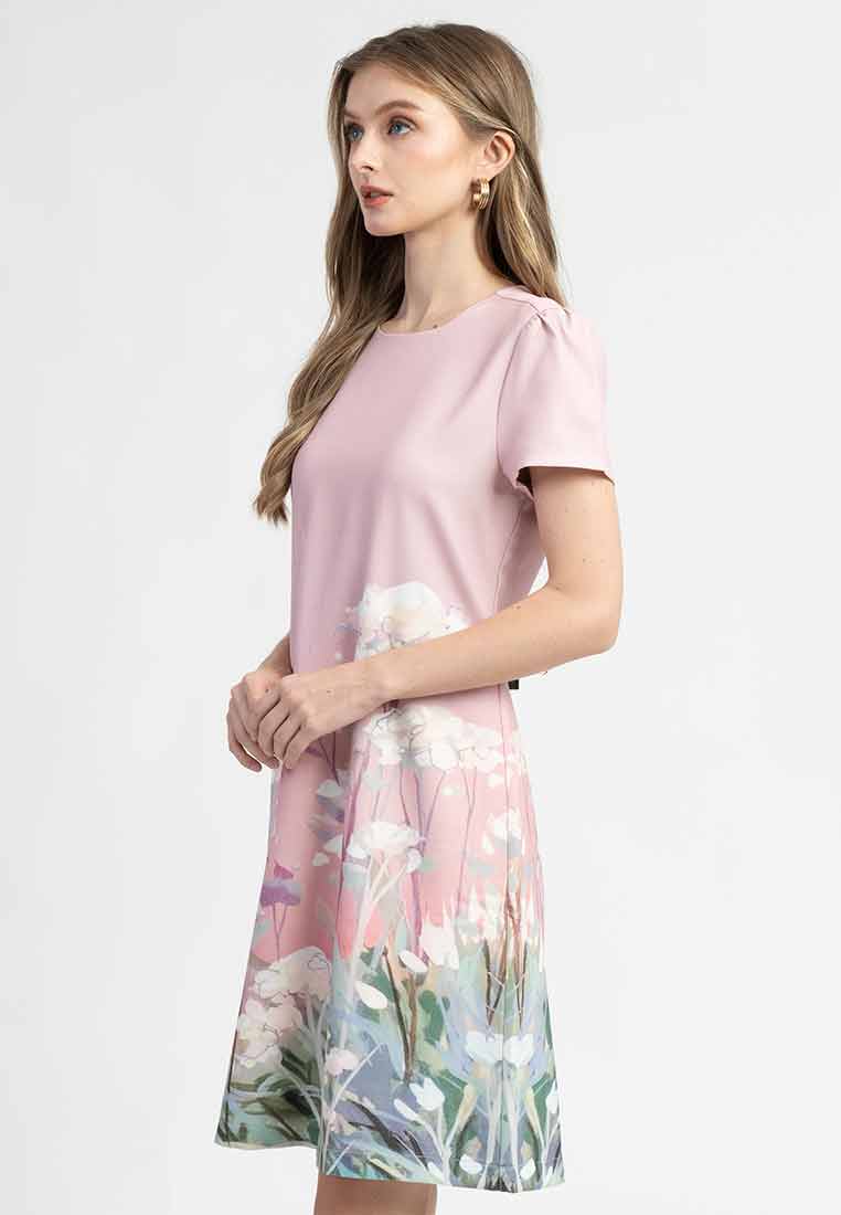 Iris Round Neck Floral Border A-Line Dress