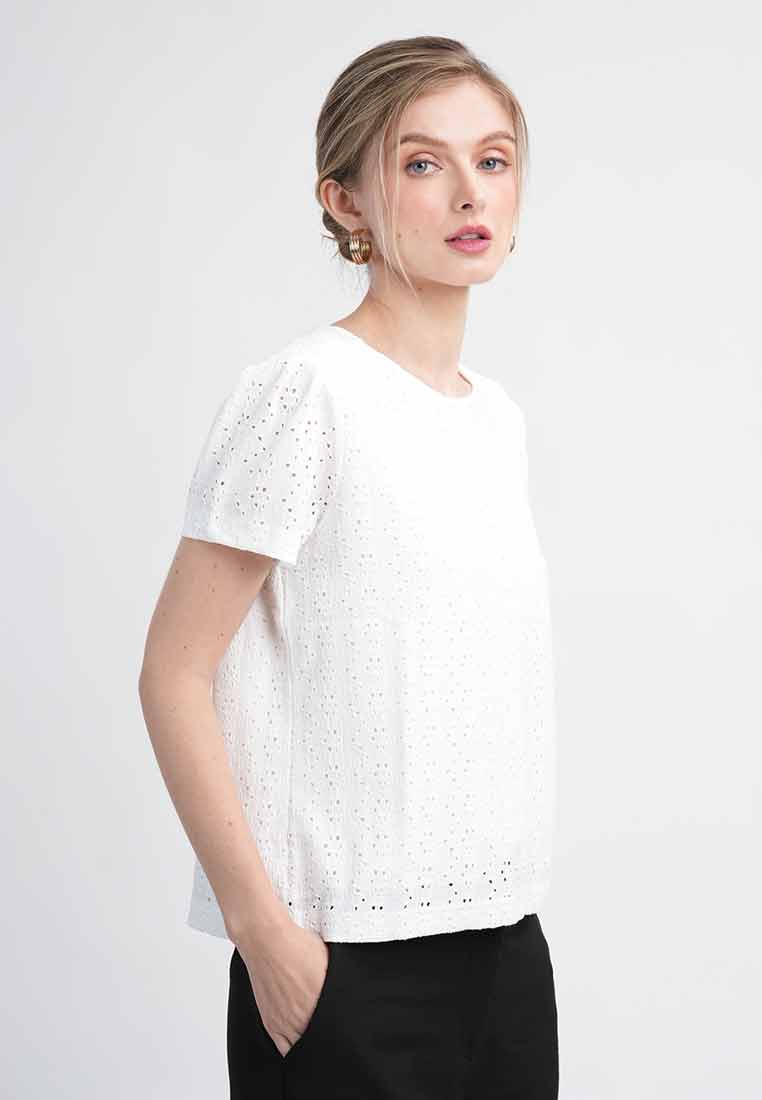 Helena Lace-Textured Puff-Sleeve Top