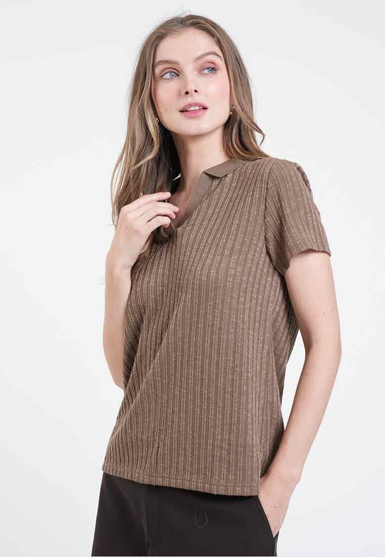 Cara V Neck Ribbed Polo Knit Top