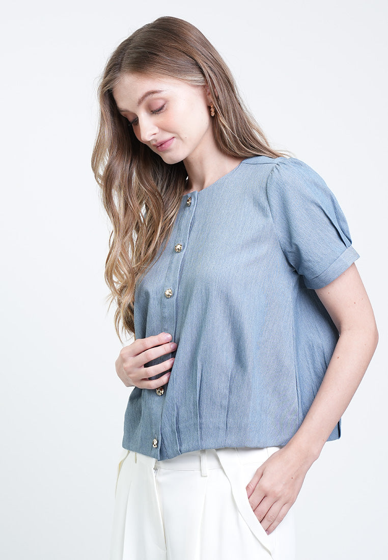 Harlene Button-Front Chambray Top