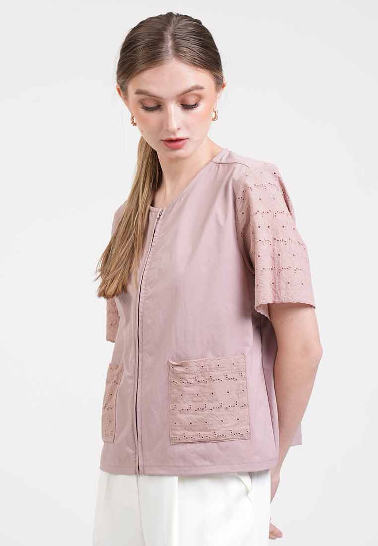 Georgina Eyelet Accent Zip-Up Top