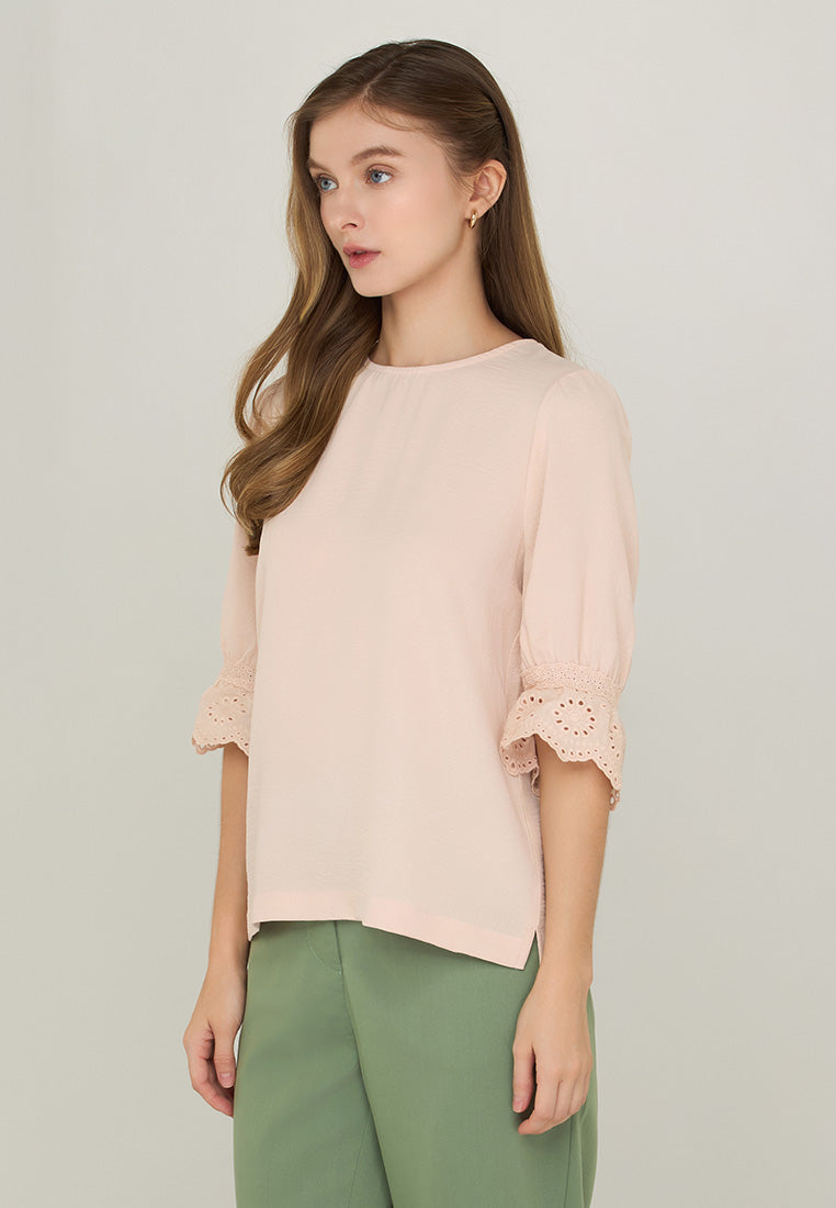 Krizzie Round Neck Top with Eyelet Sleeve