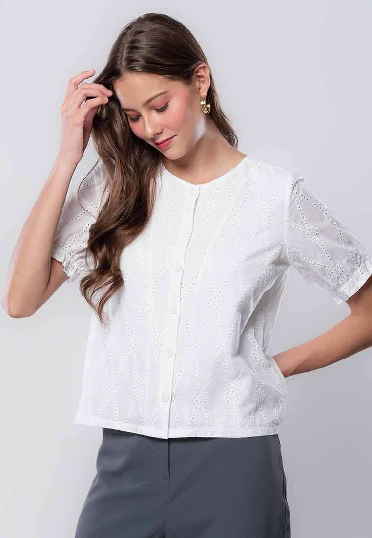 Ianthe Button-down Eyelet Top with Puff Sleeves