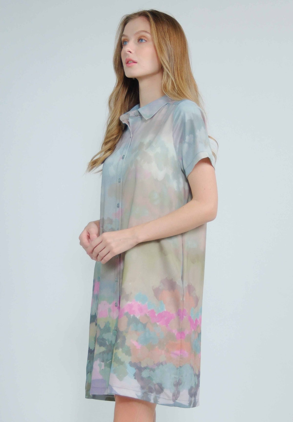 Nyari Collared Button-down Shift Dress in Abstract Nature Print
