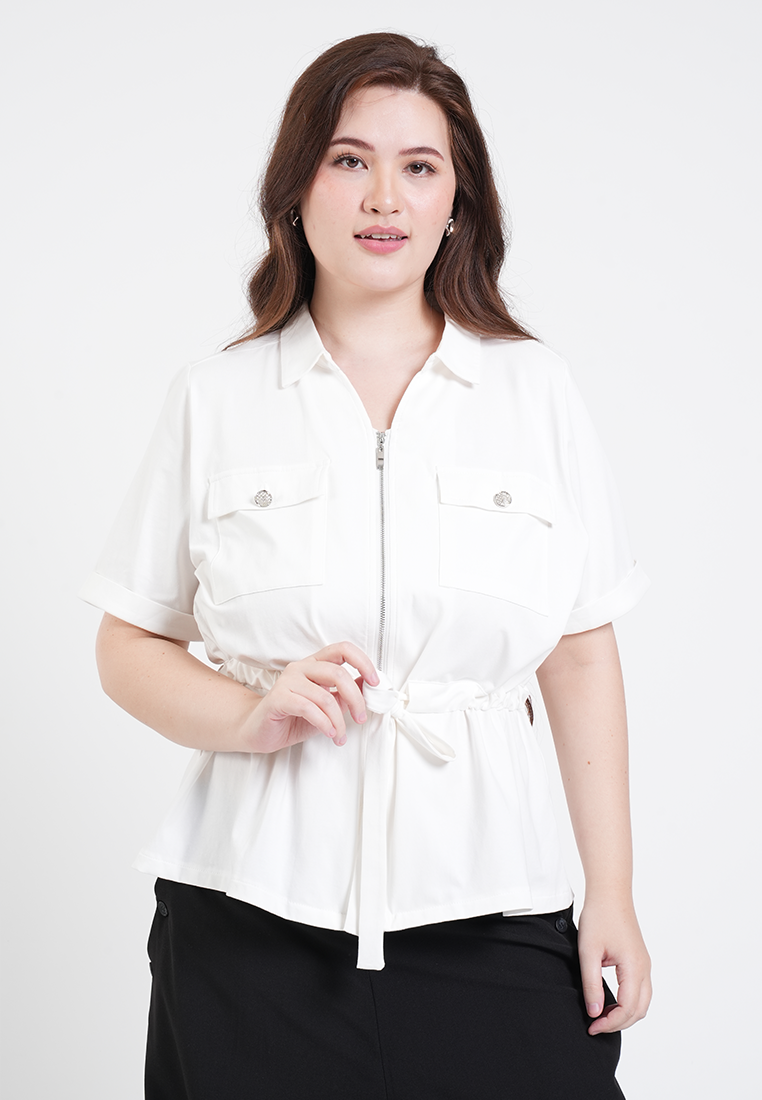 Milly Plus Size Callista Zip-Front Drawstring Flap Pocket Blouse
