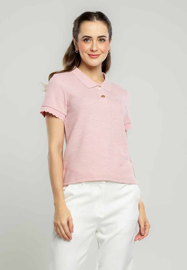 Raya Scalloped Collared Knit Top with Button Opening