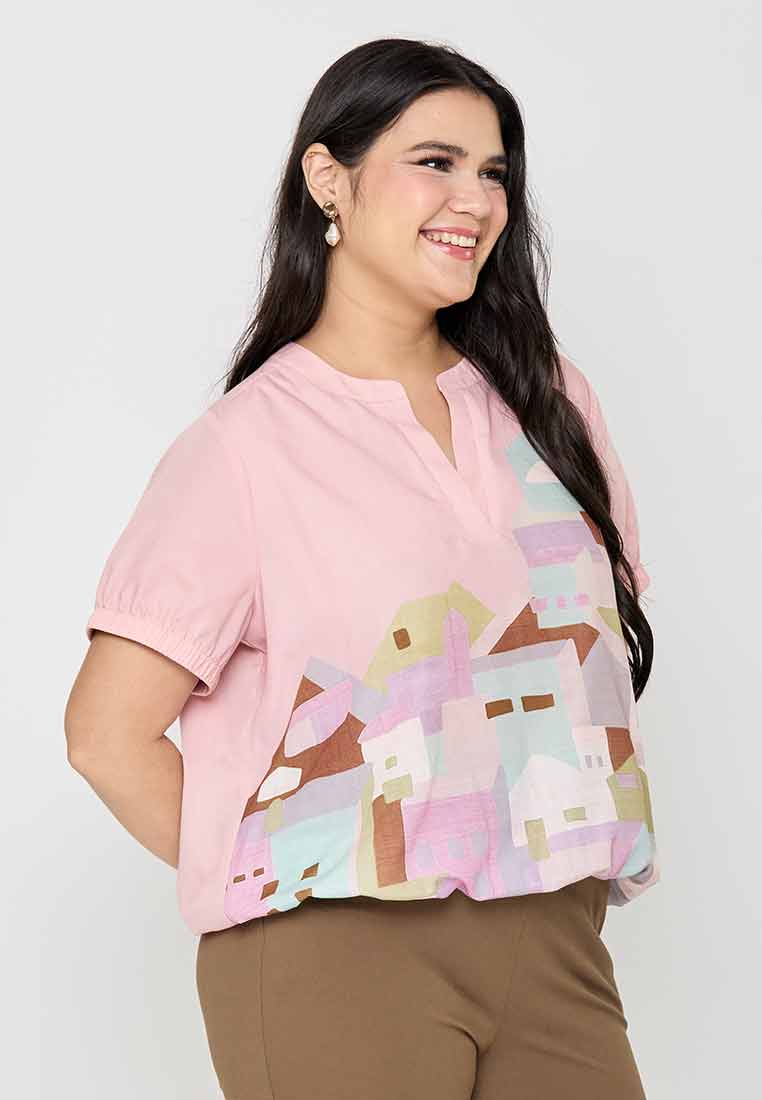 Milly Plus Size Isolde Printed Top with Gartered Sleeves
