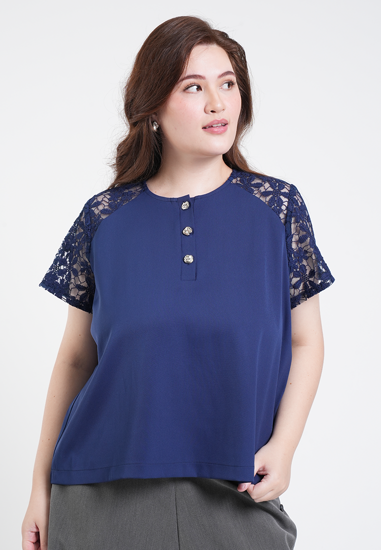 Milly Plus Size Celina Lace Sleeve Collared Top