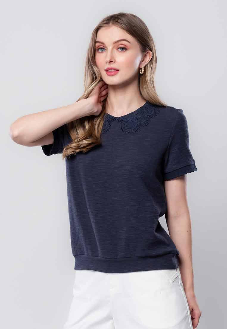 Calielle Knitted Top with Lace Collar and Scalloped Sleeve Ribbing