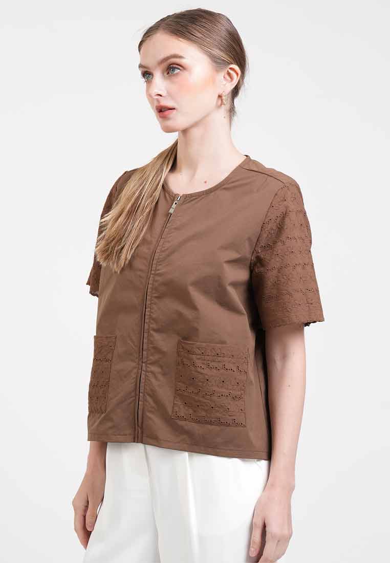 Georgina Eyelet Accent Zip-Up Top