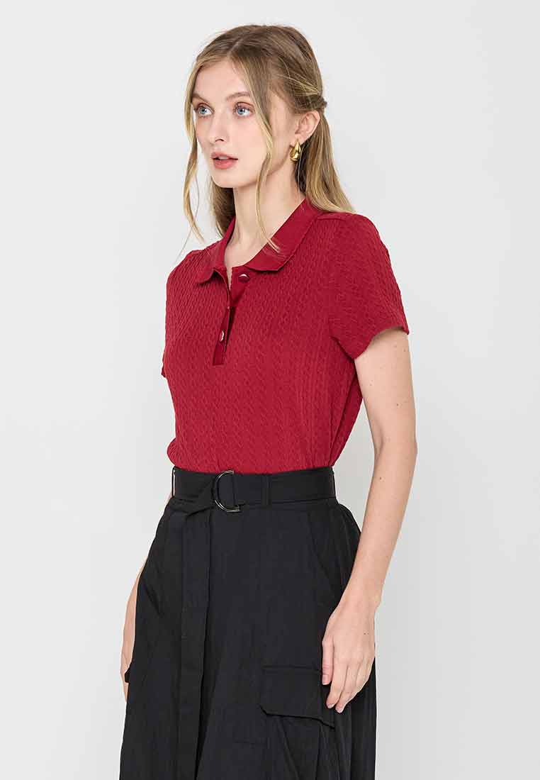 Milena Collared Textured Knit Top with Button Front Opening