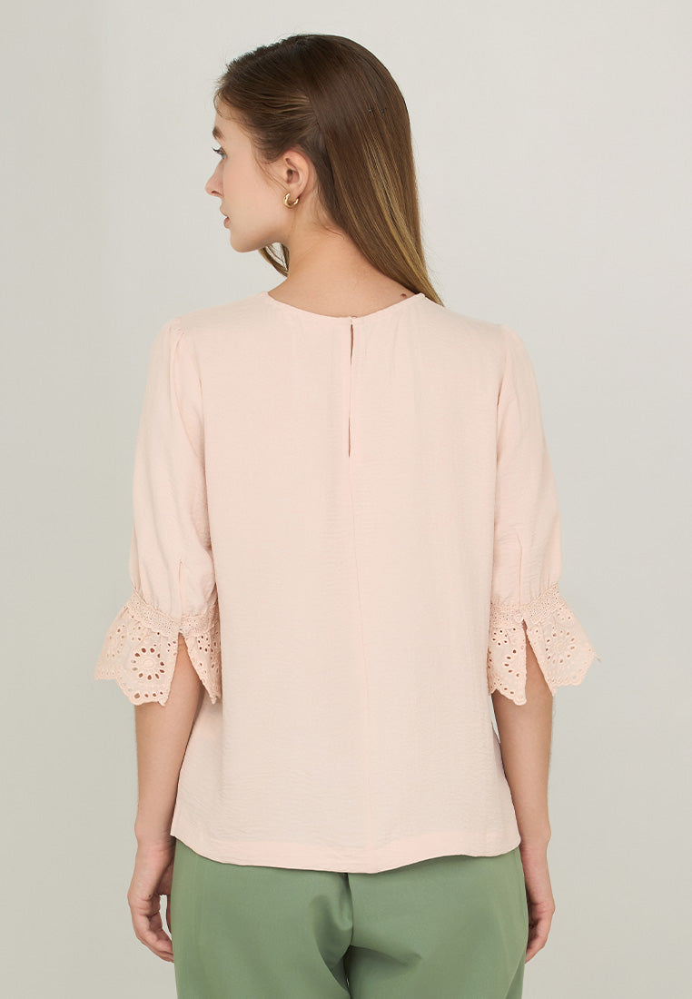 Krizzie Round Neck Top with Eyelet Sleeve