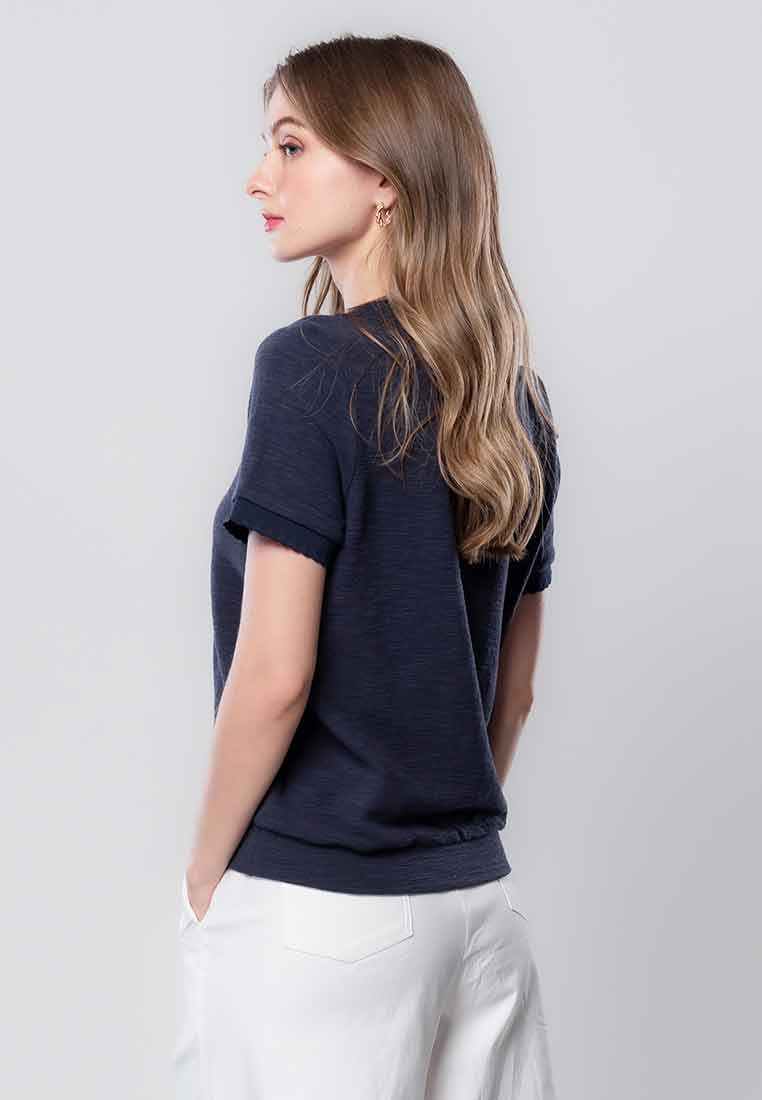 Calielle Knitted Top with Lace Collar and Scalloped Sleeve Ribbing