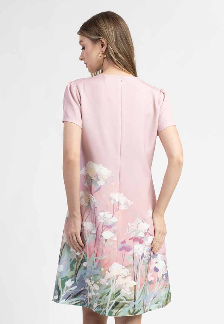 Iris Round Neck Floral Border A-Line Dress