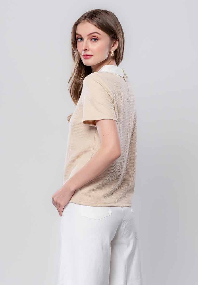 Isabeau Textured Knit Top with Lace Trim on Collar