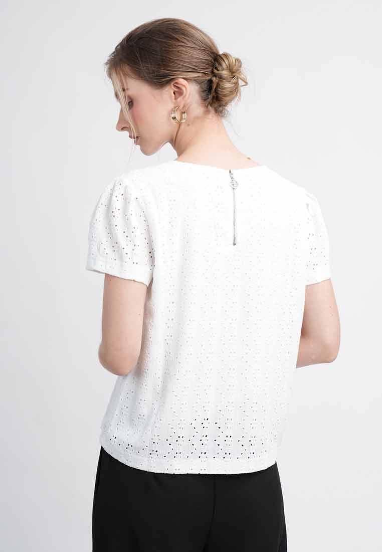 Helena Lace-Textured Puff-Sleeve Top