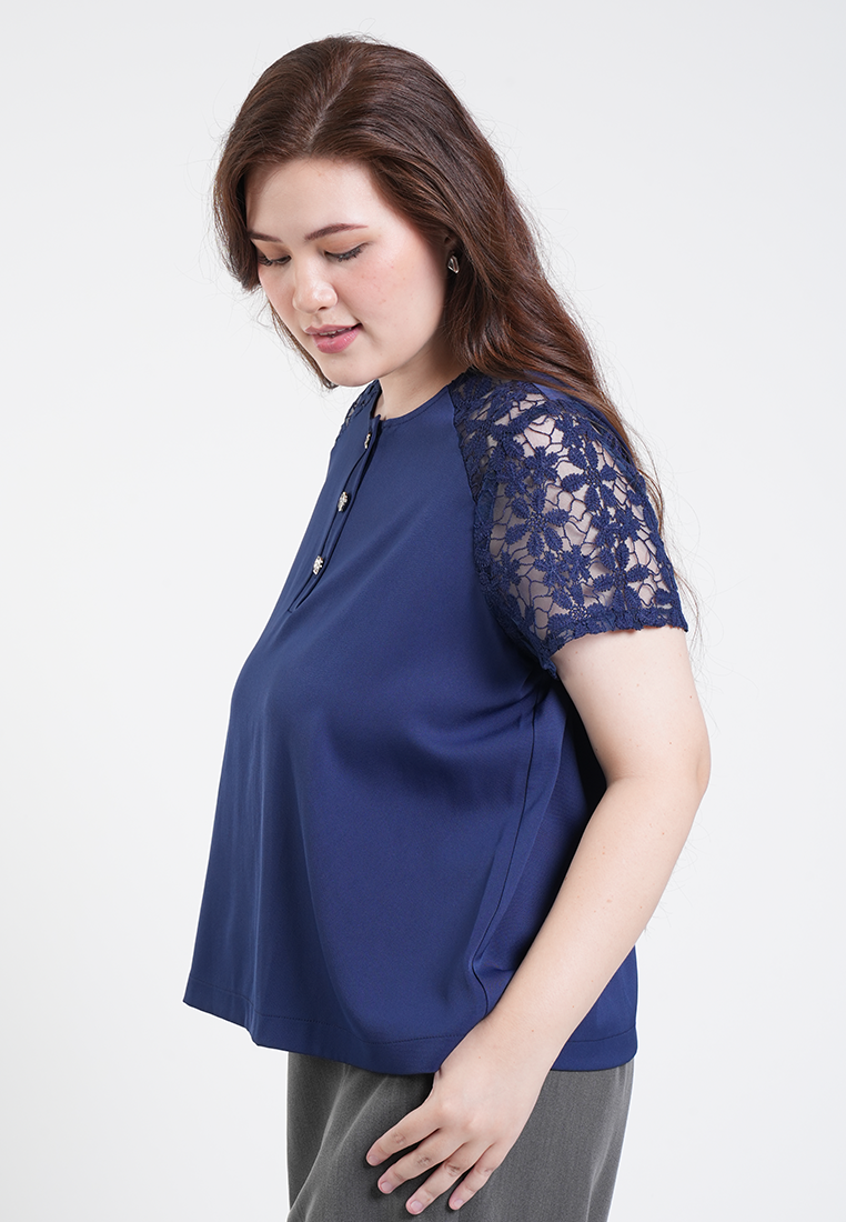 Milly Plus Size Celina Lace Sleeve Collared Top