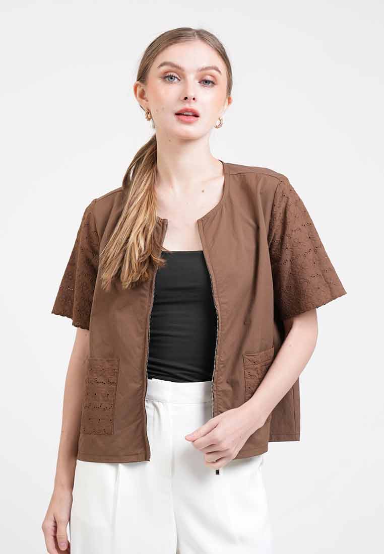 Georgina Eyelet Accent Zip-Up Top