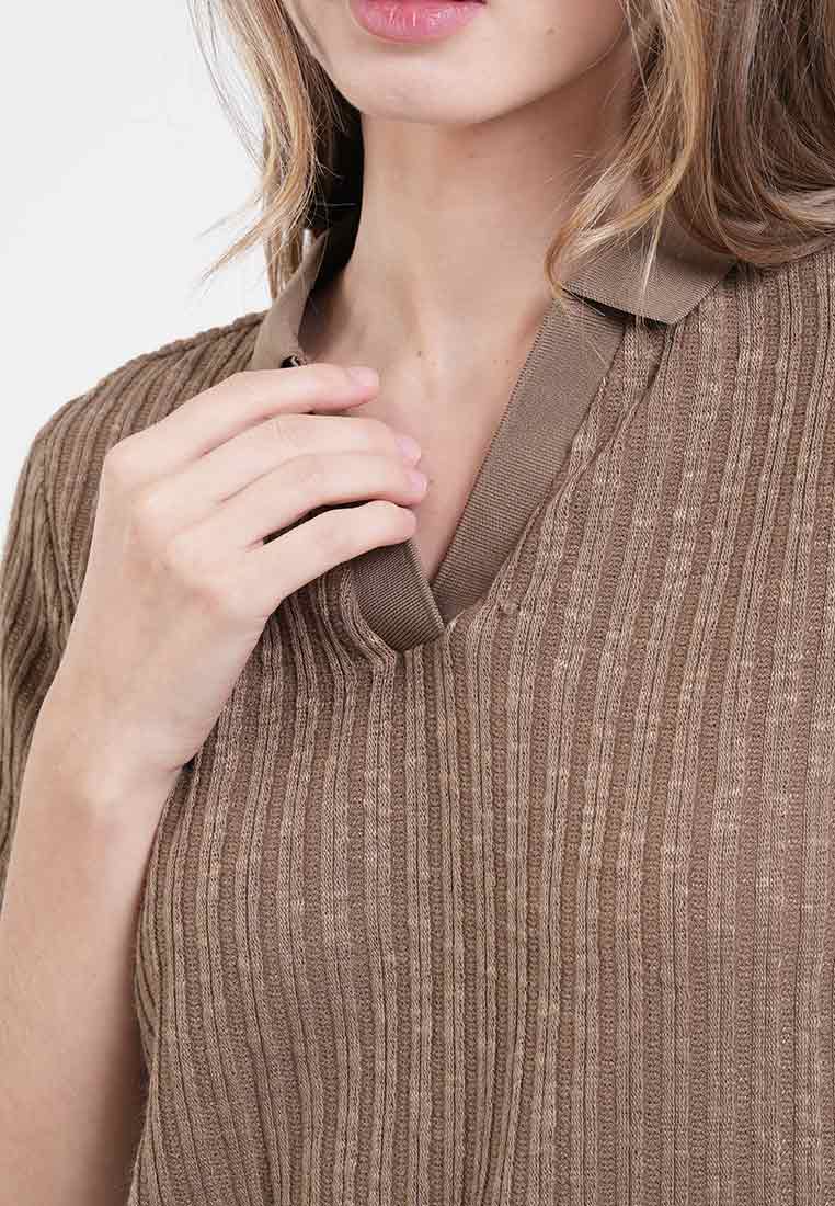 Cara V Neck Ribbed Polo Knit Top
