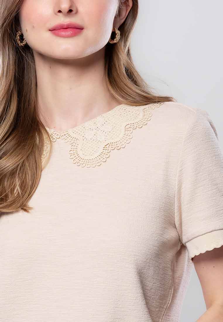 Calielle Knitted Top with Lace Collar and Scalloped Sleeve Ribbing