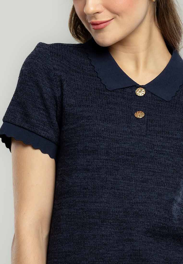 Raya Scalloped Collared Knit Top with Button Opening