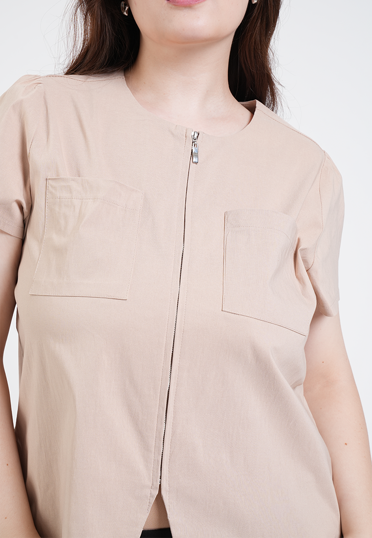 Milly Plus Size Angie Zip-Front Shelly Short Sleeve Top