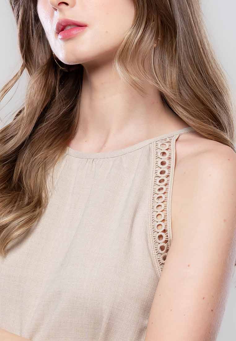Rosaline Halter Sleeveless Dress with Trimming Detail and Sash Belt