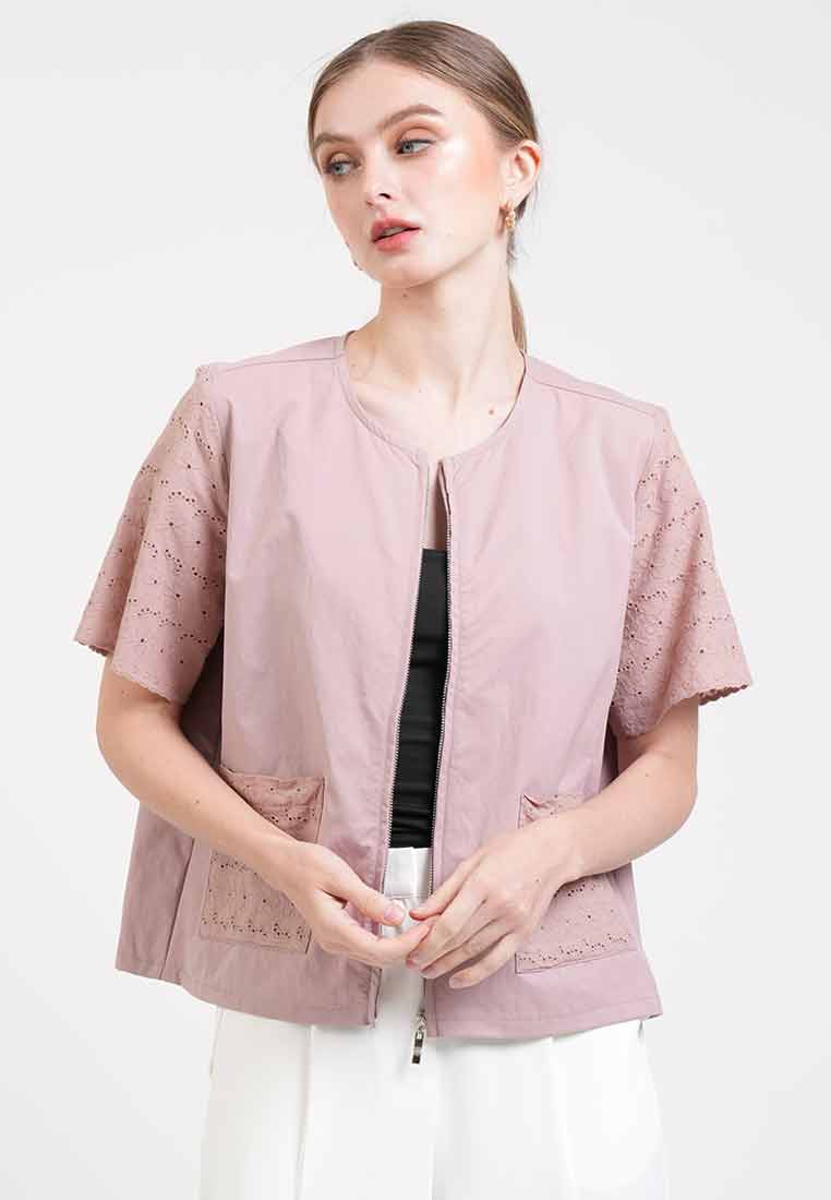 Georgina Eyelet Accent Zip-Up Top