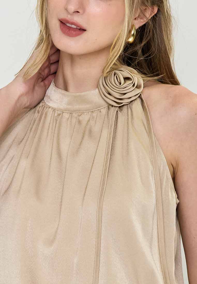 Maisy Haltered Satin Top with Flower Applique