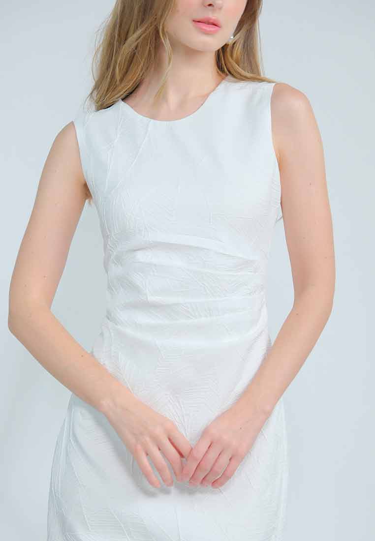 Aurenya Textured Sleeveless Dress with Pleated Waist Detail