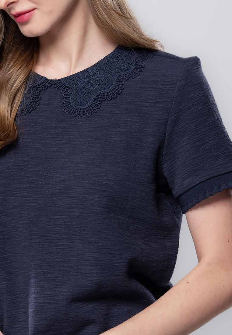 Calielle Knitted Top with Lace Collar and Scalloped Sleeve Ribbing