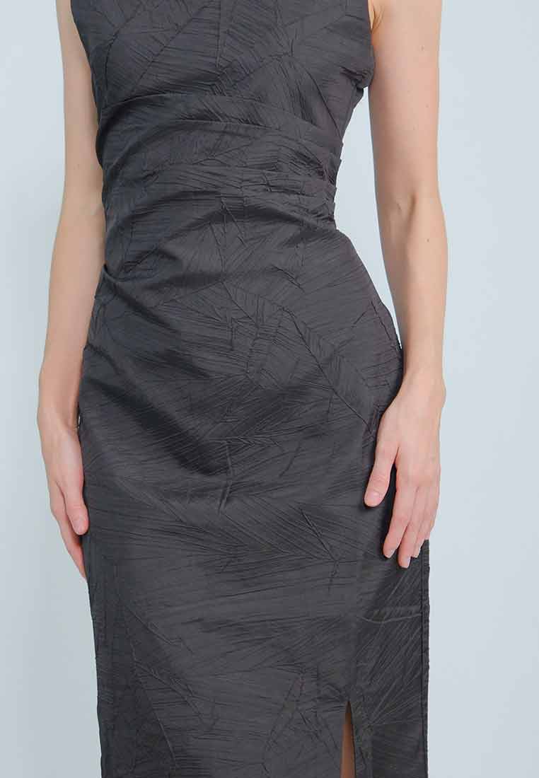 Aurenya Textured Sleeveless Dress with Pleated Waist Detail