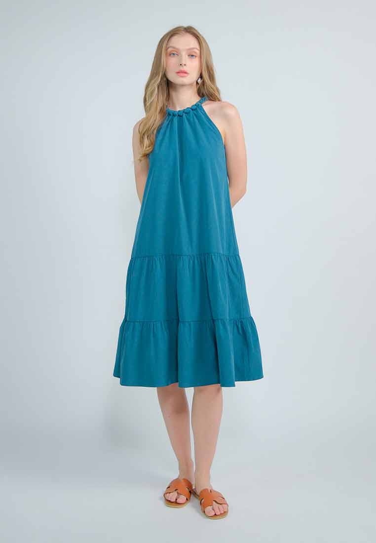 Orlisse Shift Flounce Hem Dress with Braided Neckline