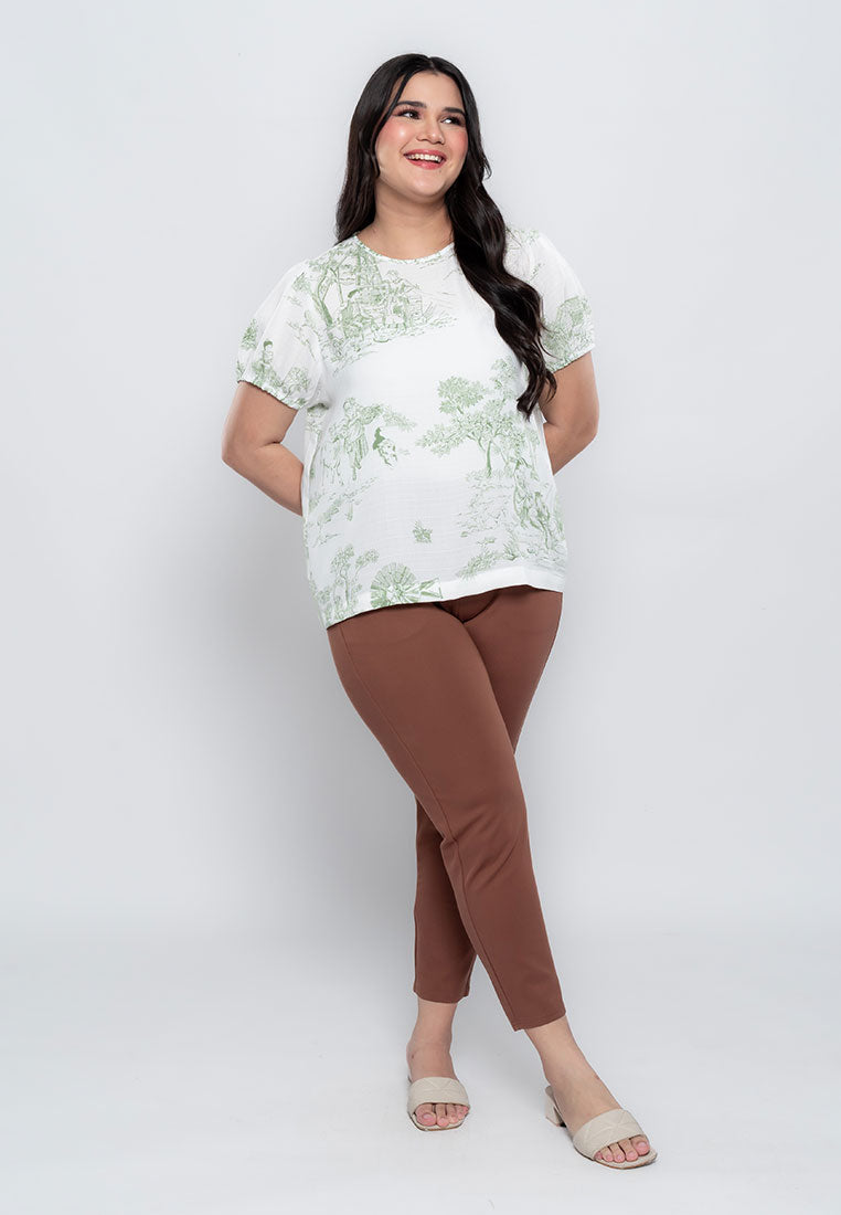 Milly Plus Size Viviana Gartered Sleeve Top in Graphic Nature Print