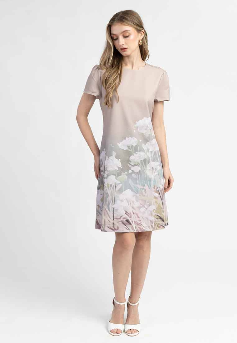 Iris Round Neck Floral Border A-Line Dress
