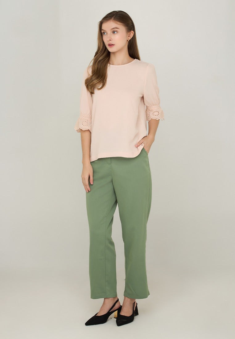 Krizzie Round Neck Top with Eyelet Sleeve