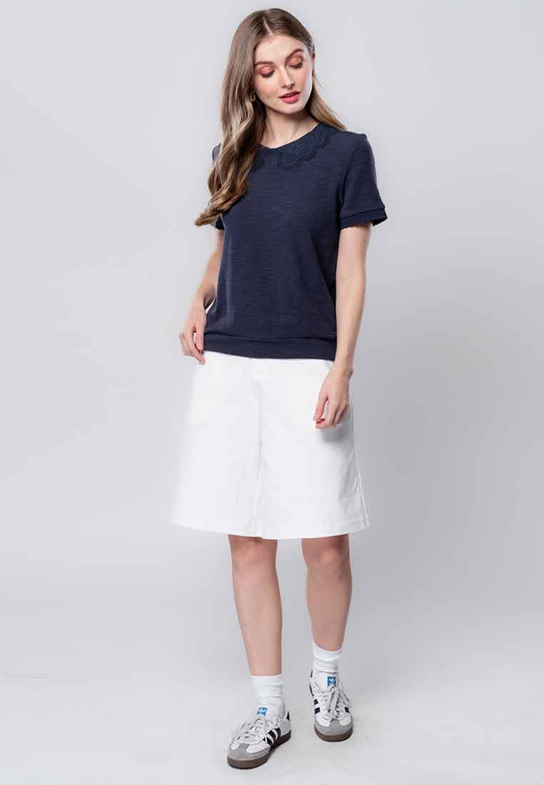 Calielle Knitted Top with Lace Collar and Scalloped Sleeve Ribbing