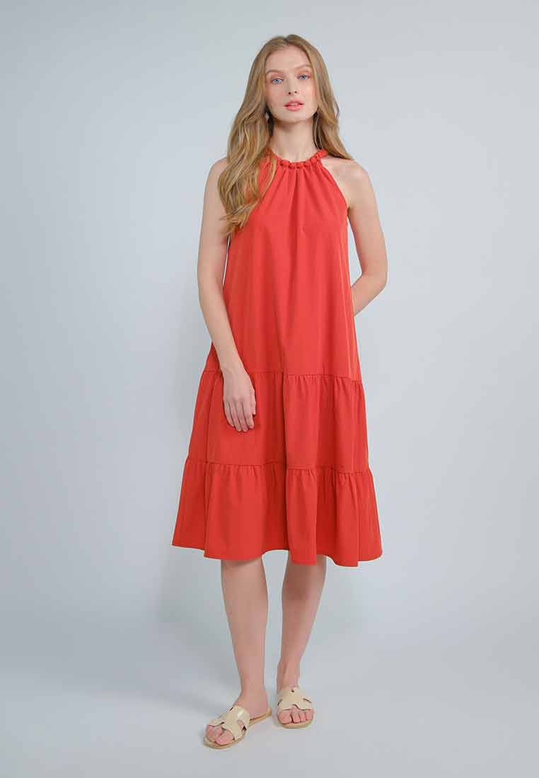 Orlisse Shift Flounce Hem Dress with Braided Neckline