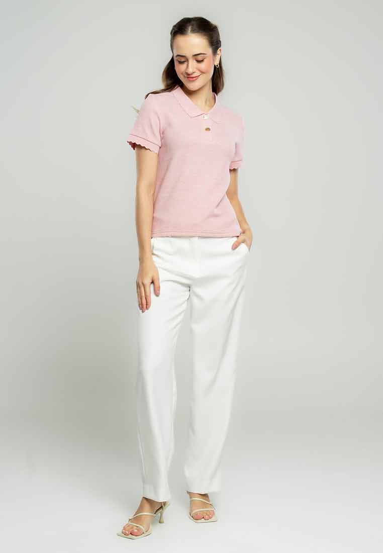 Raya Scalloped Collared Knit Top with Button Opening