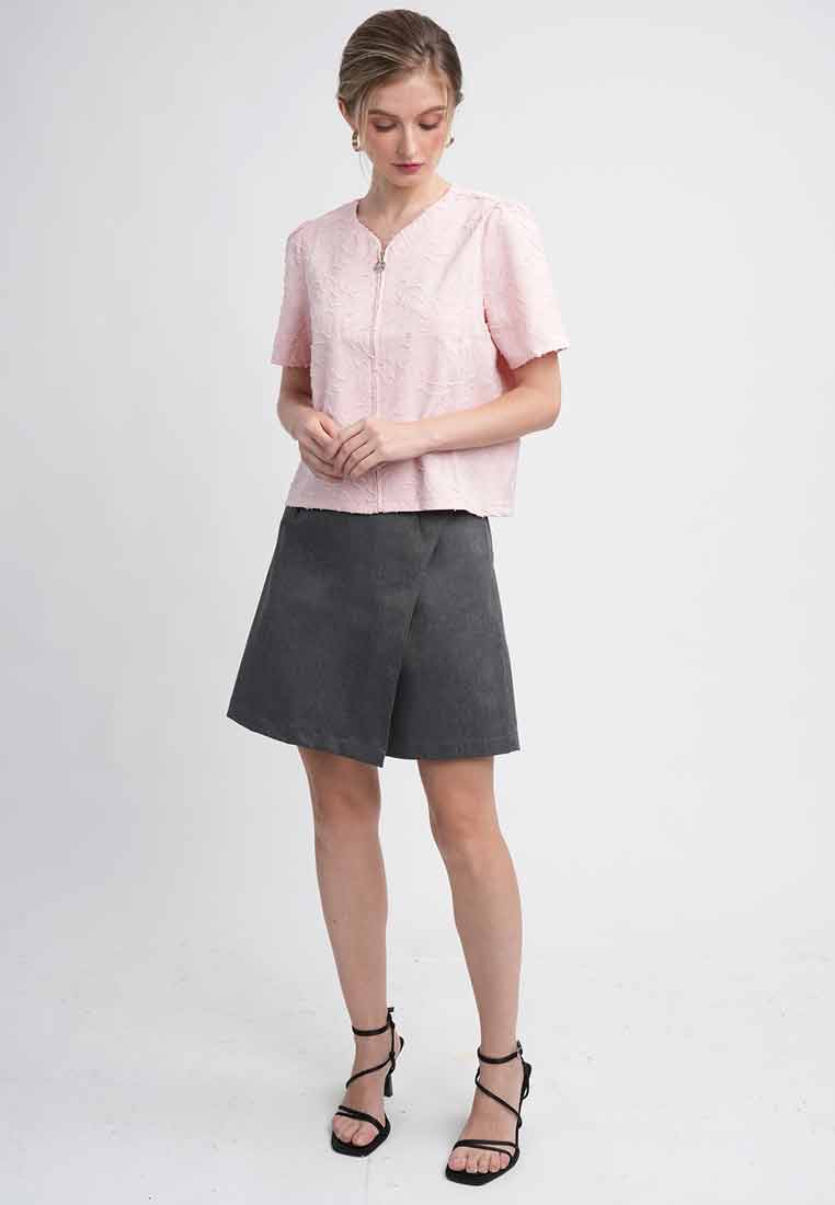 Sola Textured Zip-Front Blouse with Puff Sleeves