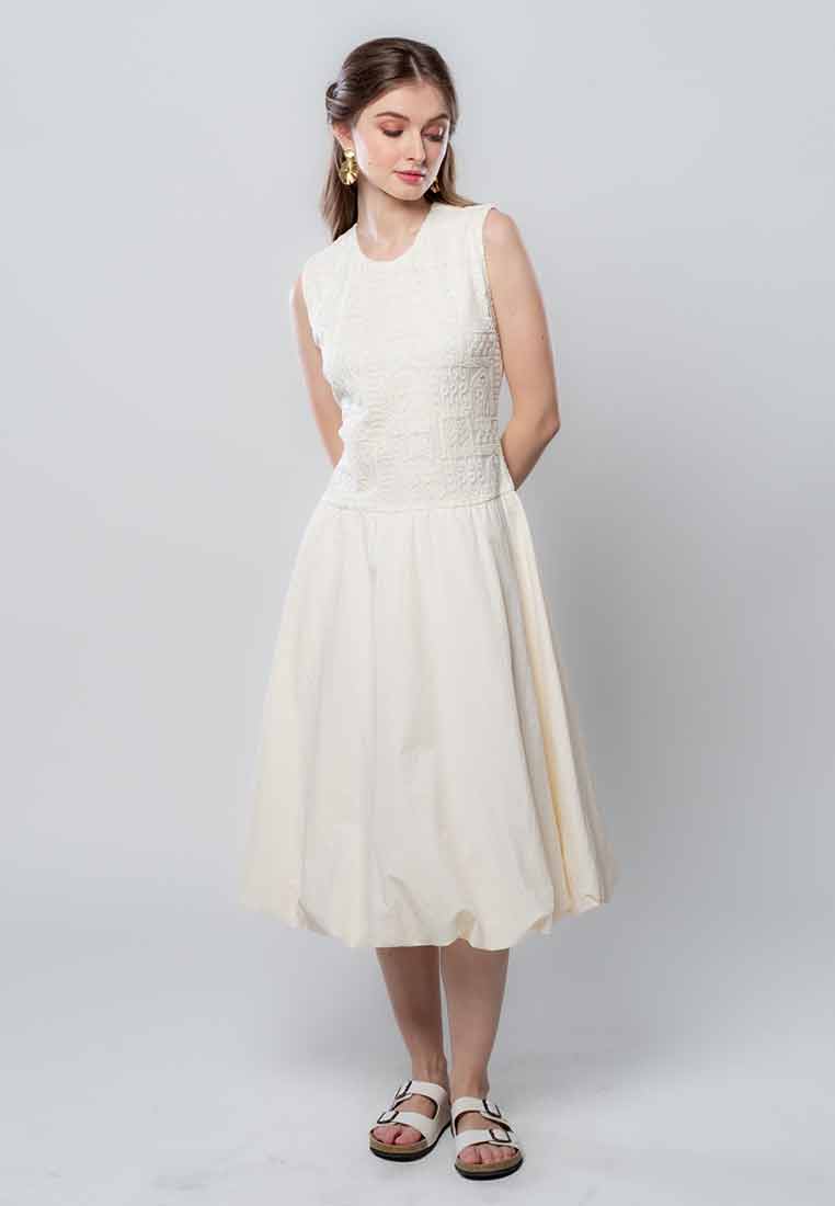 Vierra Soleil Sleeveless Lace Dress with Drop Waist Plain Bubble Skirt