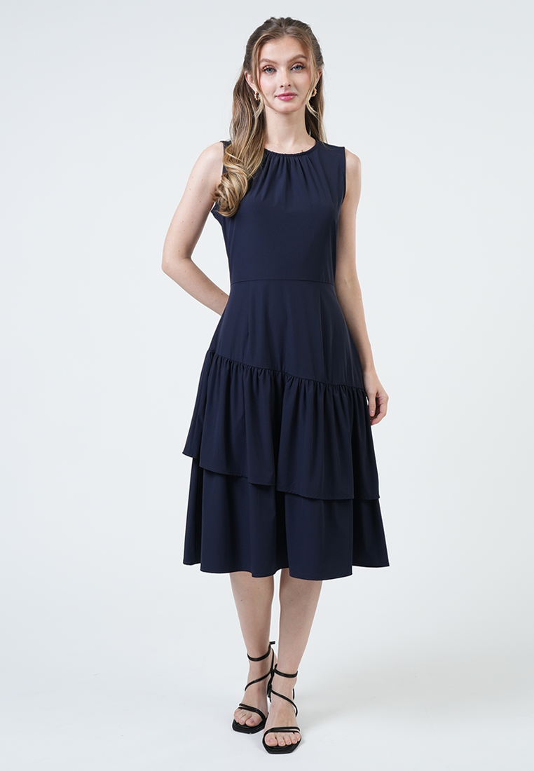 Caroline Asymmetric Ruffle Midi Dress